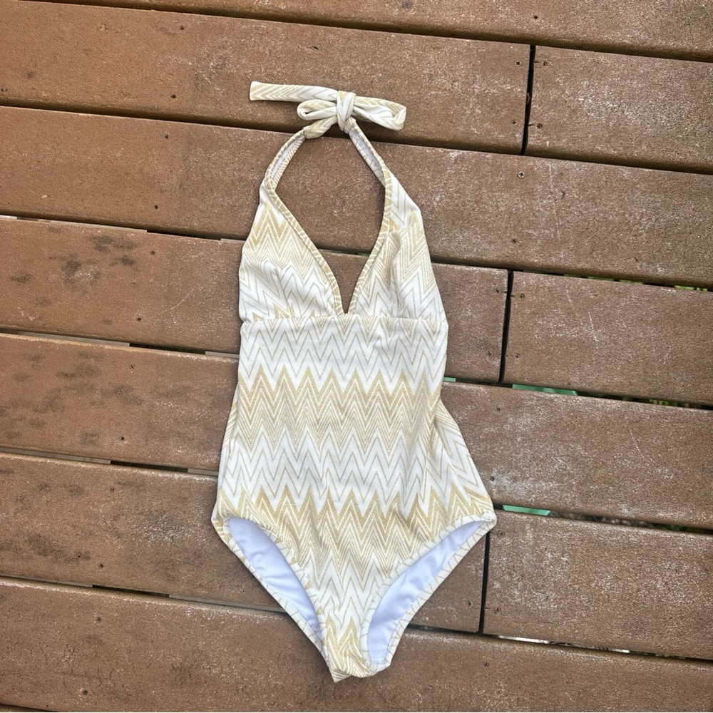 Shoshanna Gold Geometric Halter One Piece Swimsuit size 2 NWOT see below A9 - Picture 2 of 6